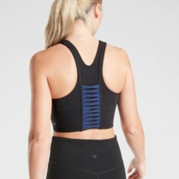 Athleta Consious Twist Longline Sports Bra Tank Top XS Black Blue Racerback - Picture 1 of 7